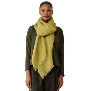 Eileen Fisher Olive Pear Gauze Fringe Scarf Boho Festival Lagenlook Accessory